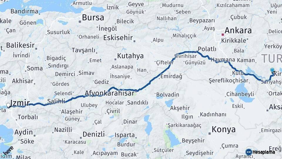 Kırşehir İzmir Arası Kaç Km - Yol Haritası