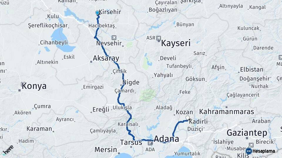Kırşehir Kadirli Osmaniye Arası Kaç Km - Yol Haritası
