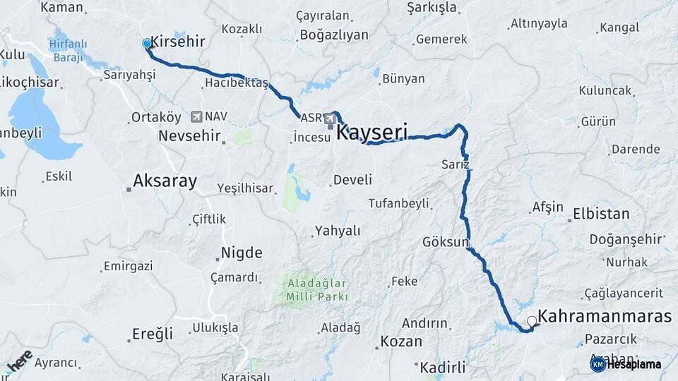 Kırşehir Kahramanmaraş Arası Kaç Km - Yol Haritası