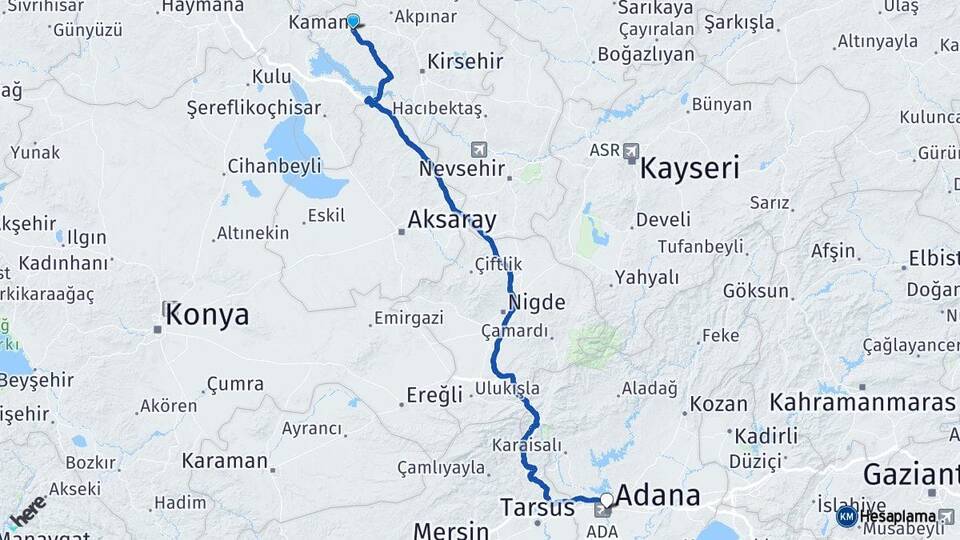 Kırşehir Kaman Adana Arası Kaç Km - Yol Haritası