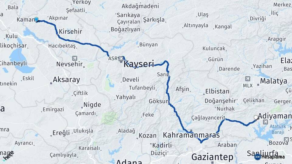 Kırşehir Kaman Adıyaman Arası Kaç Km - Yol Haritası