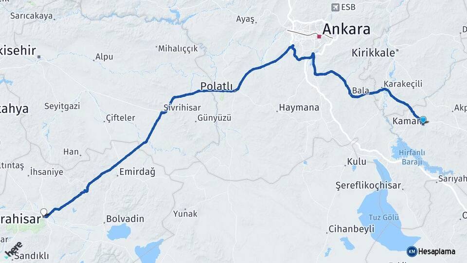 Kırşehir Kaman Afyonkarahisar Arası Kaç Km - Yol Haritası
