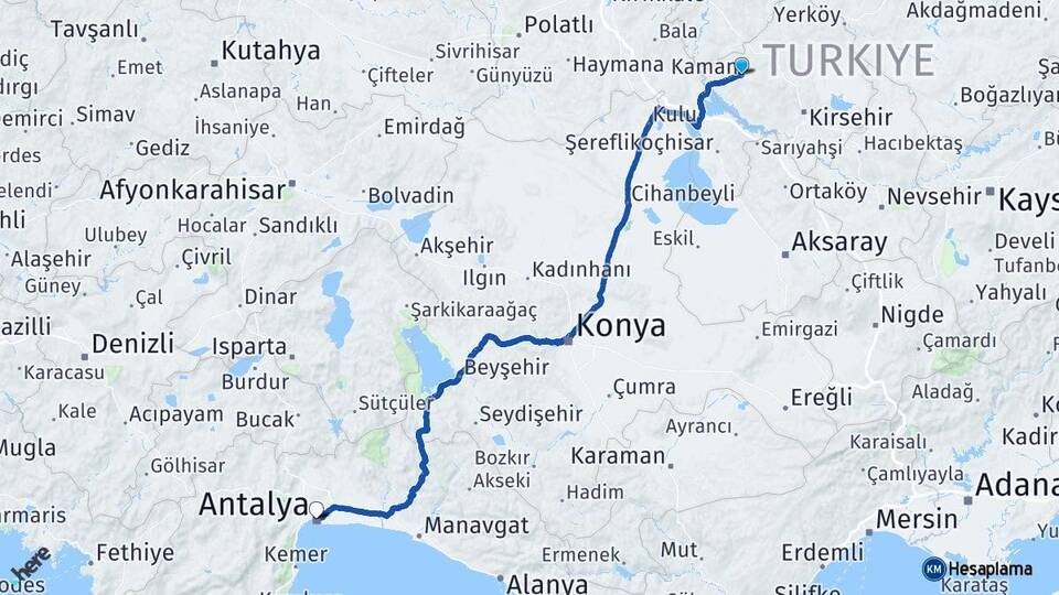 Kırşehir Kaman Antalya Arası Kaç Km - Yol Haritası
