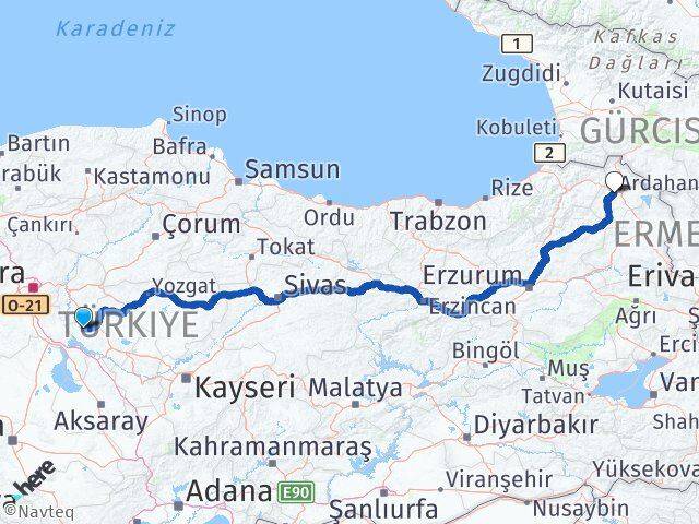Kırşehir Kaman Ardahan Arası Kaç Km - Yol Haritası