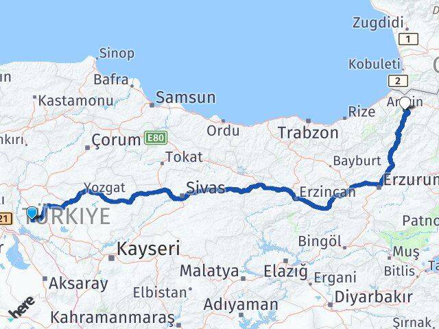 Kırşehir Kaman Artvin Arası Kaç Km - Yol Haritası