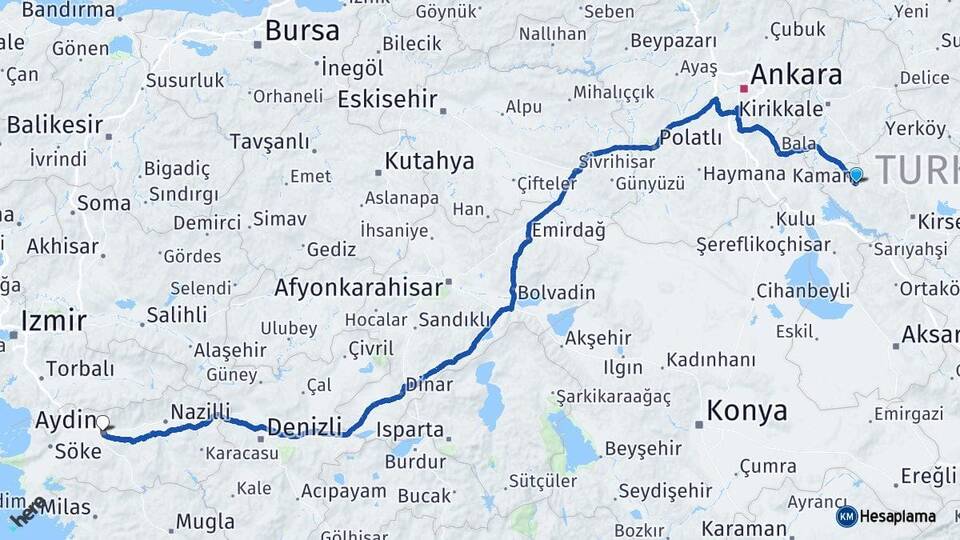 Kırşehir Kaman Aydın Arası Kaç Km - Yol Haritası