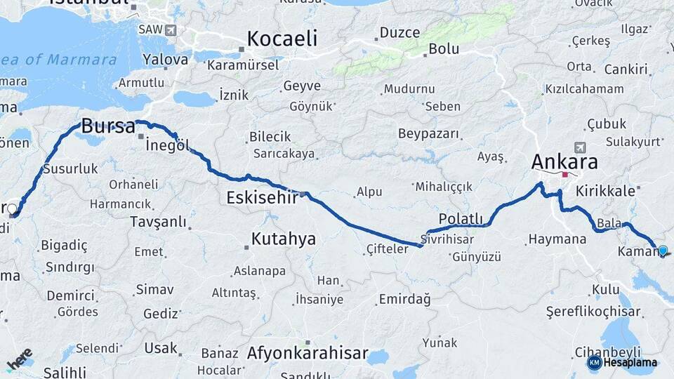 Kırşehir Kaman Balıkesir Arası Kaç Km - Yol Haritası