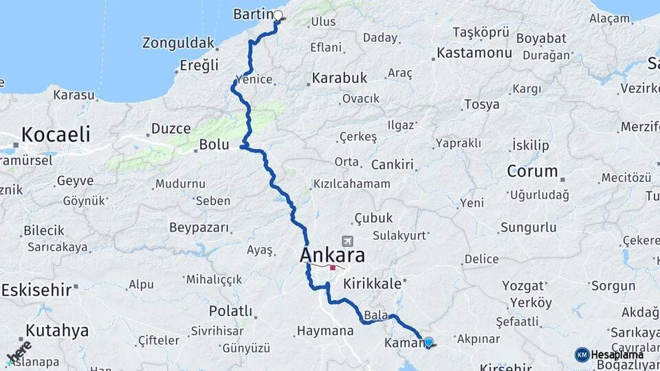 Kırşehir Kaman Bartın Arası Kaç Km - Yol Haritası