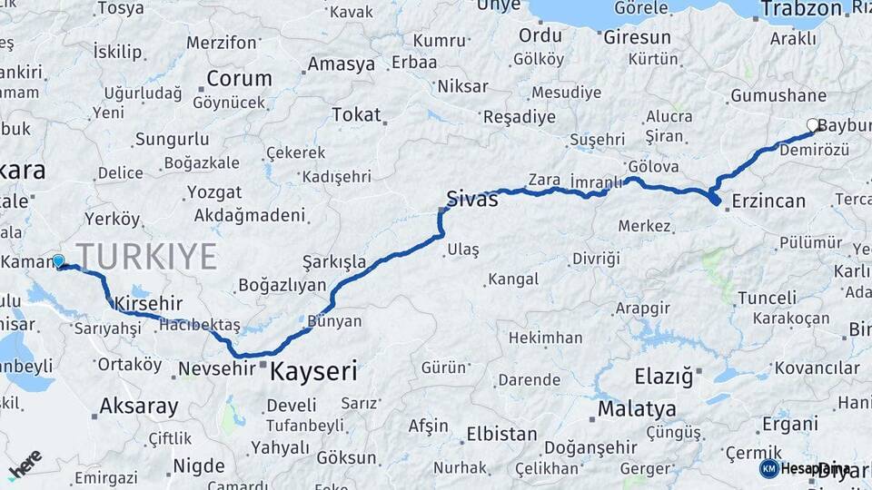 Kırşehir Kaman Bayburt Arası Kaç Km - Yol Haritası