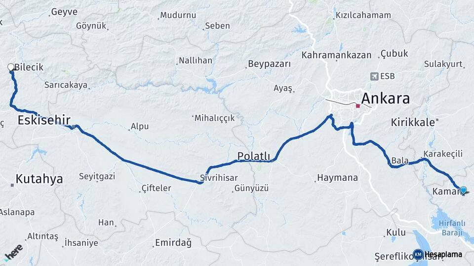 Kırşehir Kaman Bilecik Arası Kaç Km - Yol Haritası
