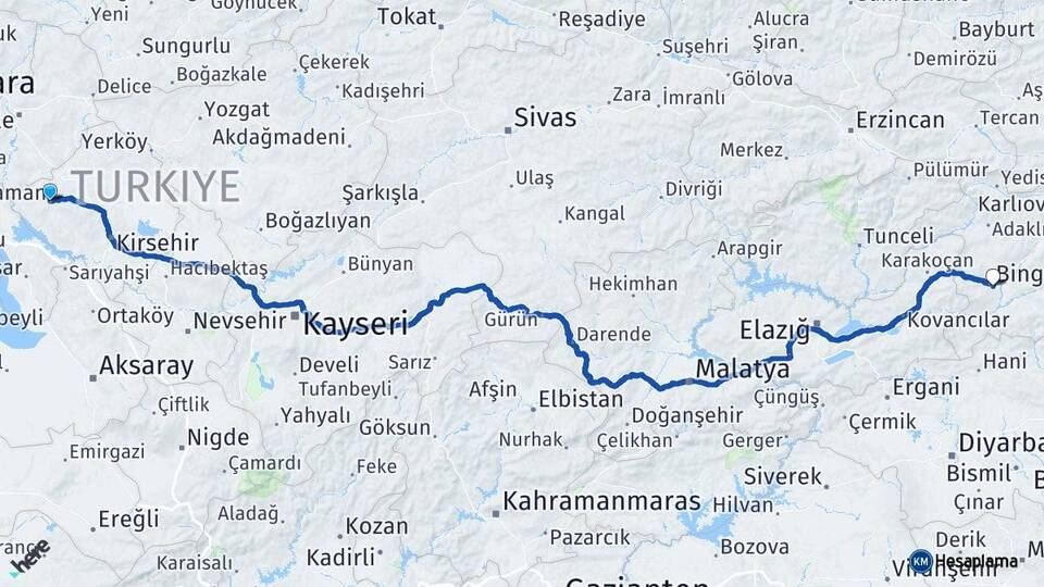 Kırşehir Kaman Bingöl Arası Kaç Km - Yol Haritası