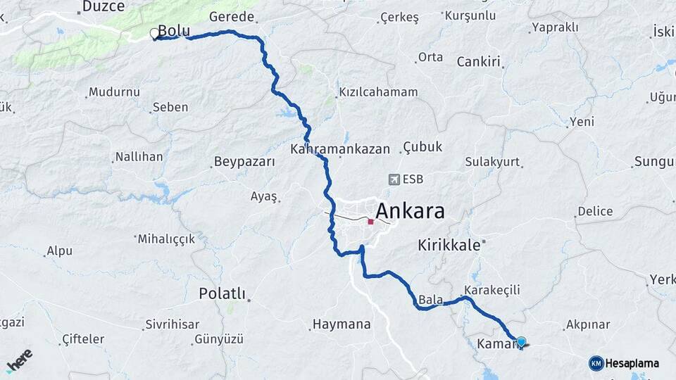 Kırşehir Kaman Bolu Arası Kaç Km - Yol Haritası