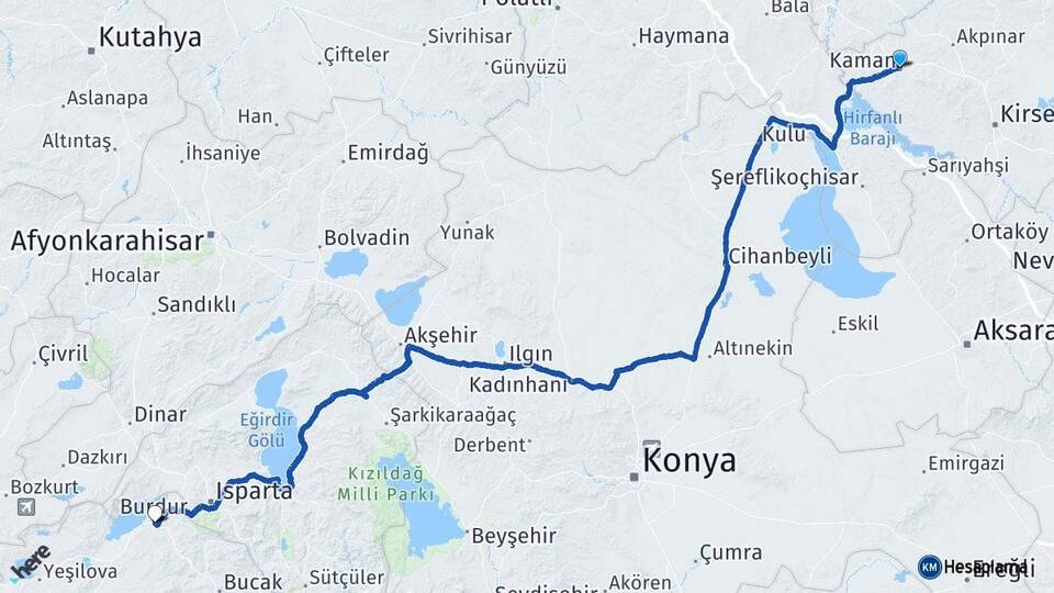 Kırşehir Kaman Burdur Arası Kaç Km - Yol Haritası