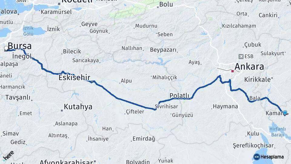 Kırşehir Kaman Bursa Arası Kaç Km - Yol Haritası
