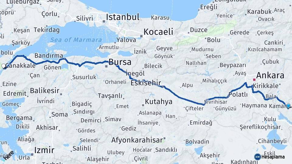 Kırşehir Kaman Çanakkale Arası Kaç Km - Yol Haritası