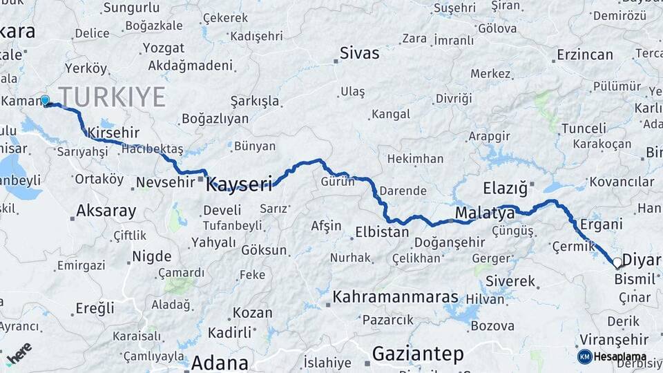 Kırşehir Kaman Diyarbakır Arası Kaç Km - Yol Haritası