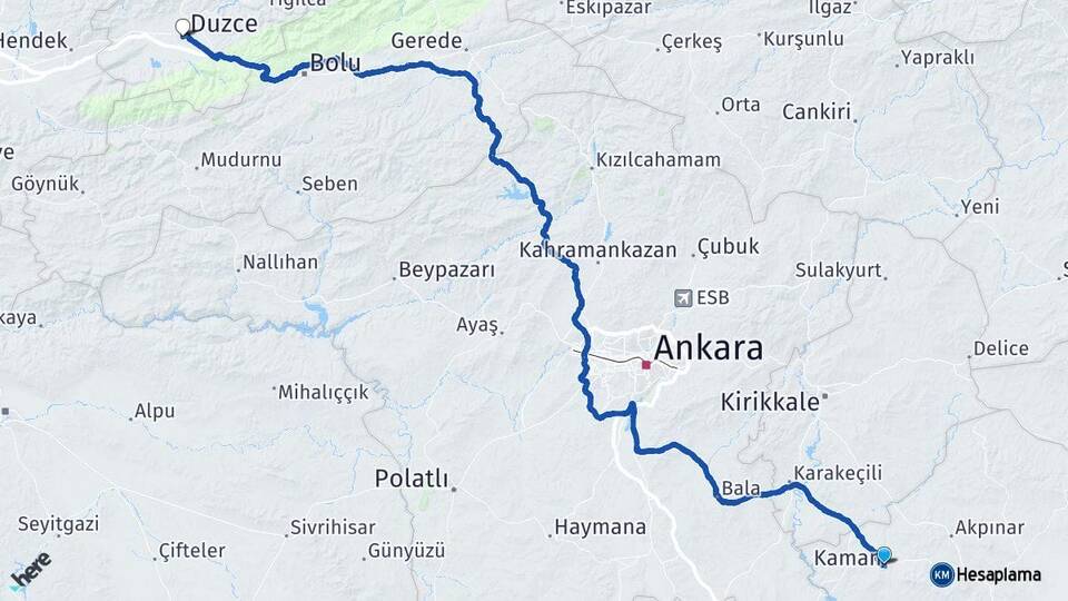Kırşehir Kaman Düzce Arası Kaç Km - Yol Haritası