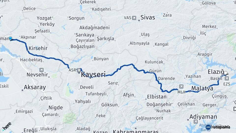 Kırşehir Kaman Elazığ Arası Kaç Km - Yol Haritası