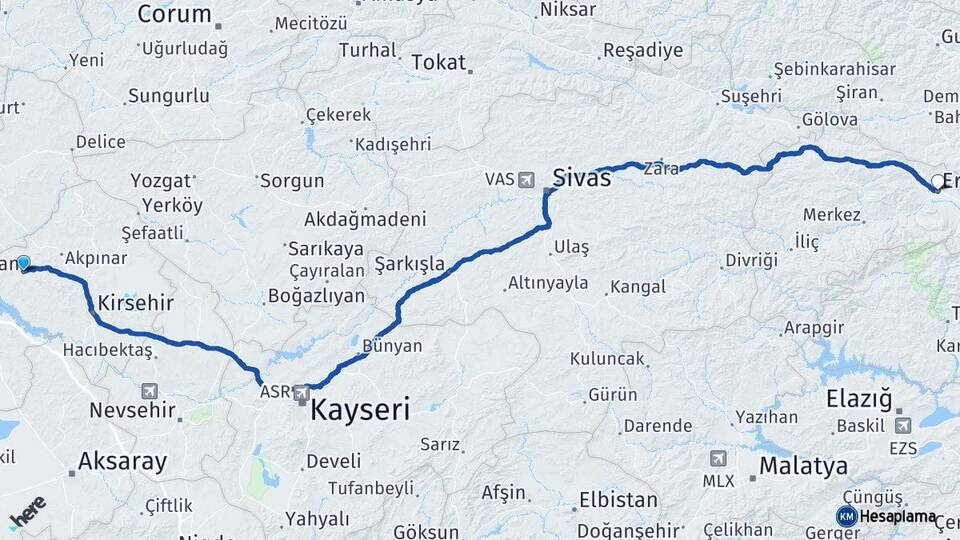 Kırşehir Kaman Erzincan Arası Kaç Km - Yol Haritası