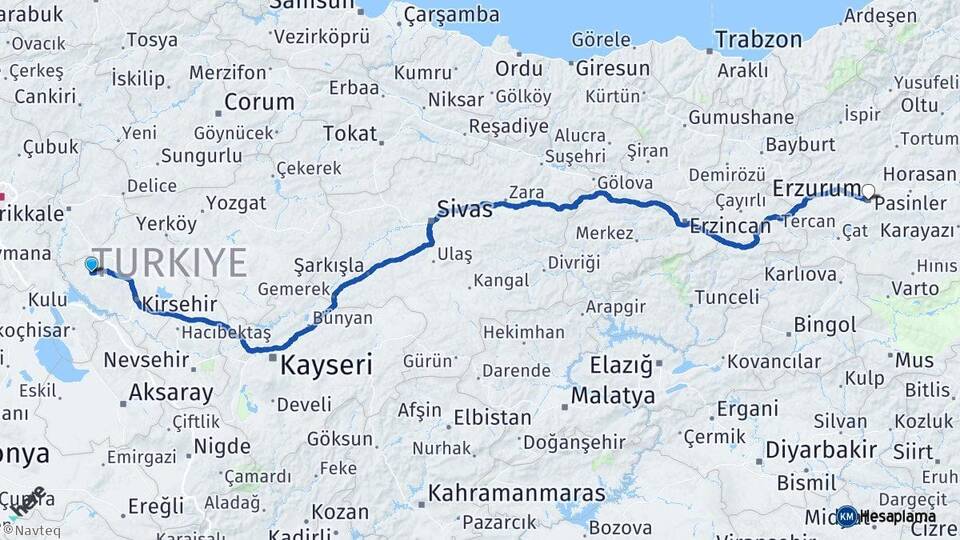 Kırşehir Kaman Erzurum Arası Kaç Km - Yol Haritası