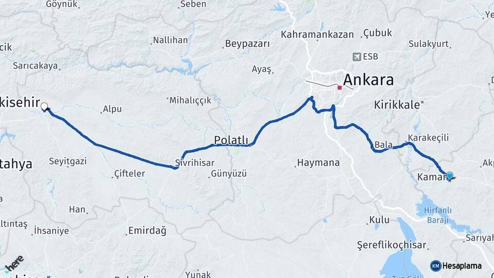 Kırşehir Kaman Eskişehir Arası Kaç Km - Yol Haritası