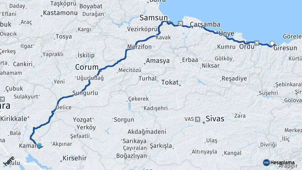 Kırşehir Kaman Giresun Arası Kaç Km - Yol Haritası