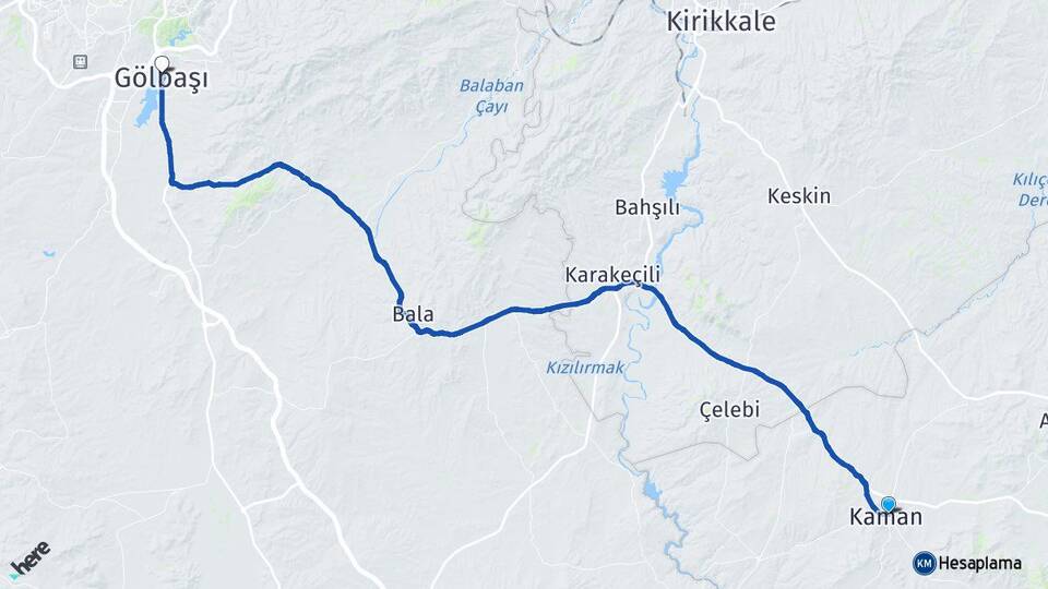 Kırşehir Kaman Gölbaşı Ankara Arası Kaç Km - Yol Haritası