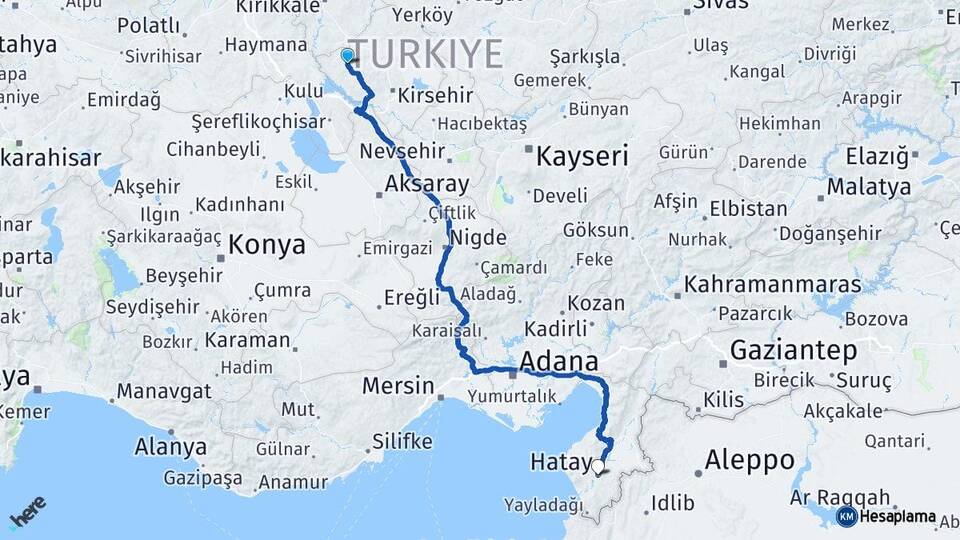 Kırşehir Kaman Hatay Arası Kaç Km - Yol Haritası