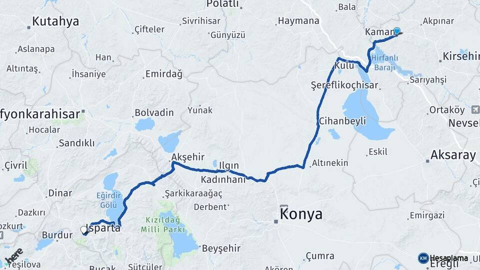 Kırşehir Kaman Isparta Arası Kaç Km - Yol Haritası