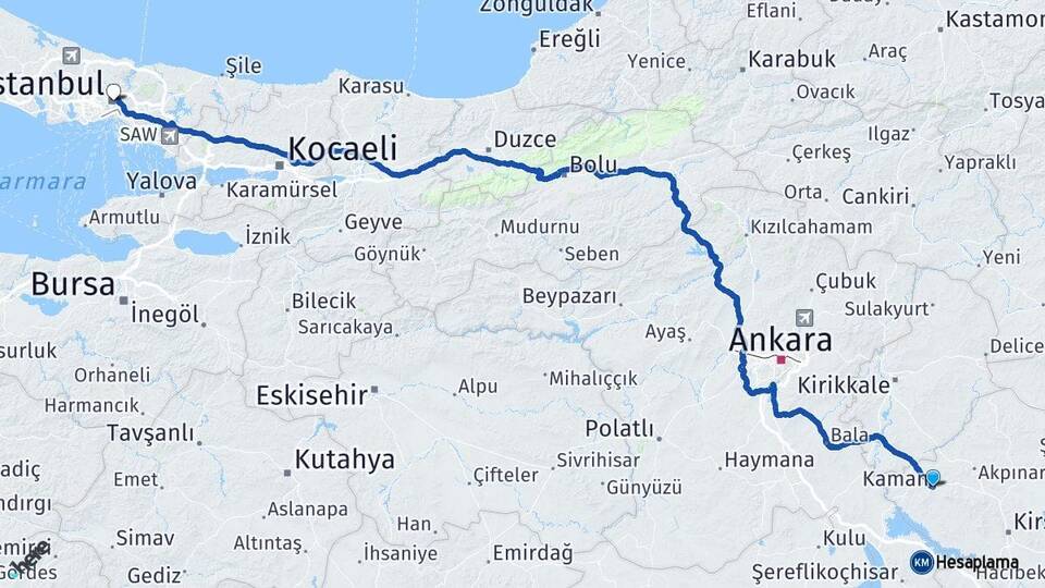 Kırşehir Kaman İstanbul Arası Kaç Km - Yol Haritası