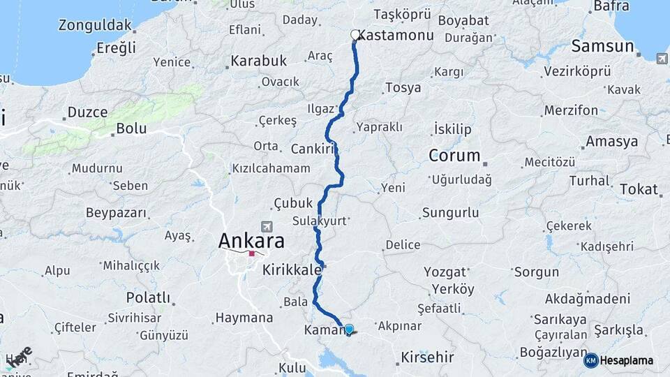 Kırşehir Kaman Kastamonu Arası Kaç Km - Yol Haritası