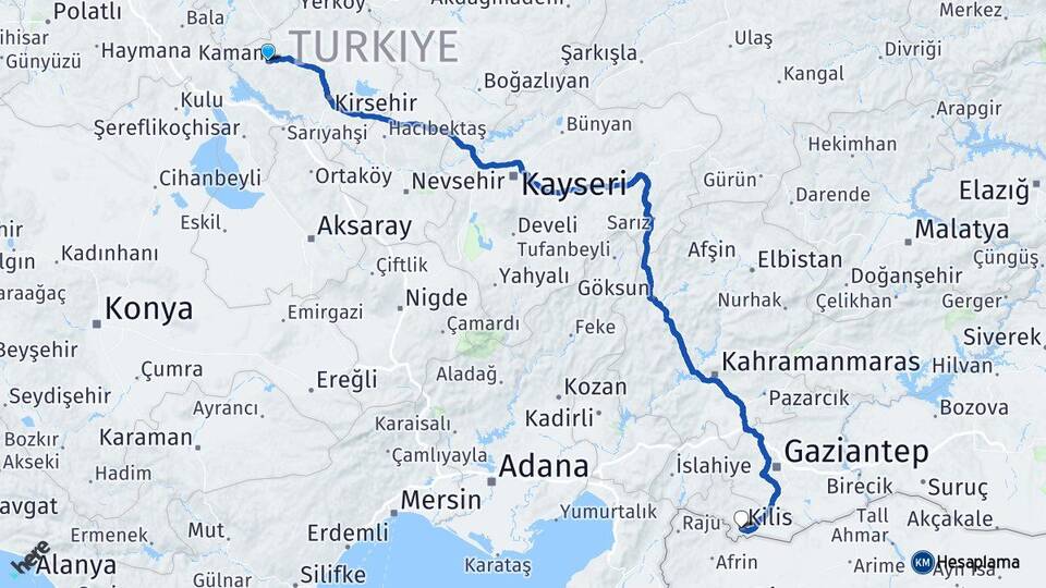 Kırşehir Kaman Kilis Arası Kaç Km - Yol Haritası