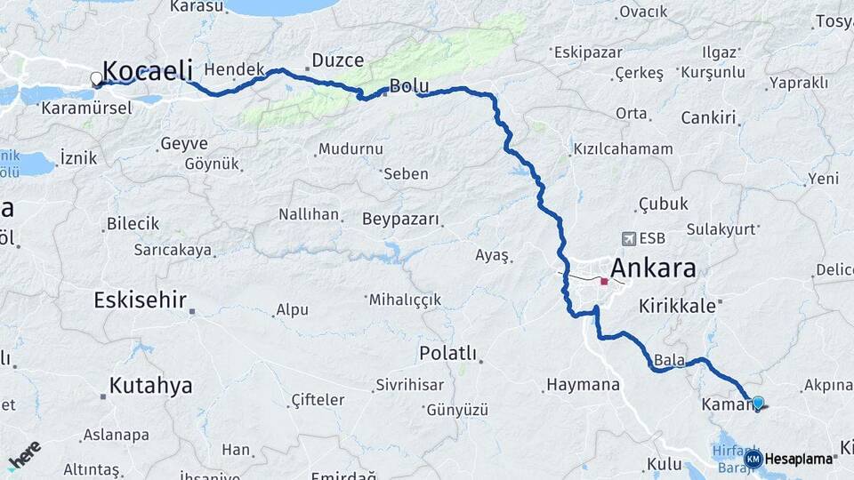 Kırşehir Kaman Kocaeli Arası Kaç Km - Yol Haritası