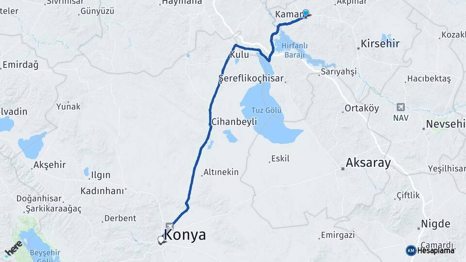 Kırşehir Kaman Konya Arası Kaç Km - Yol Haritası