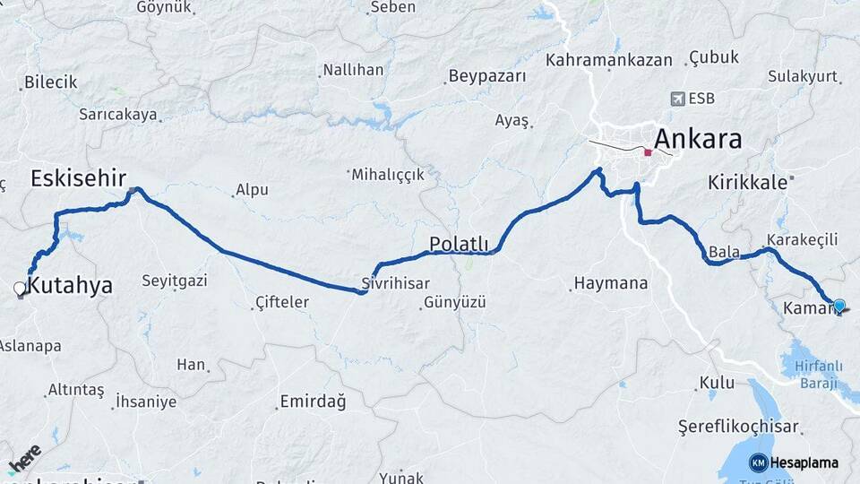 Kırşehir Kaman Kütahya Arası Kaç Km - Yol Haritası