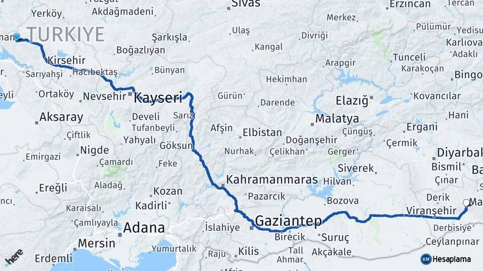 Kırşehir Kaman Mardin Arası Kaç Km - Yol Haritası