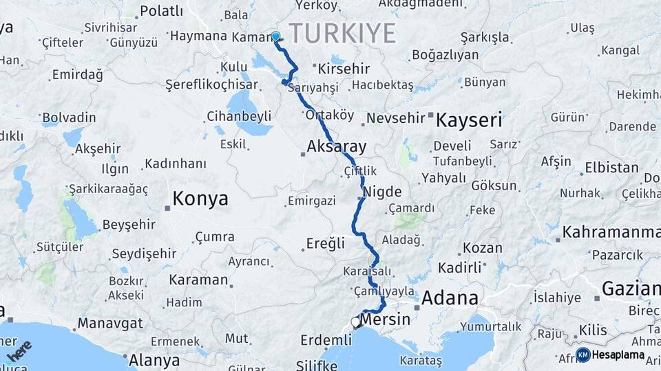 Kırşehir Kaman Mersin Arası Kaç Km - Yol Haritası