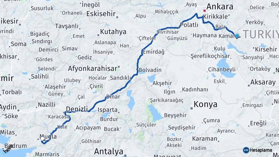 Kırşehir Kaman Muğla Arası Kaç Km - Yol Haritası