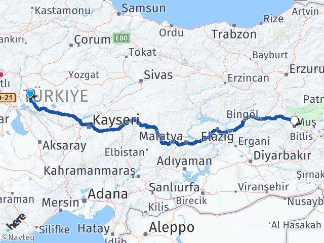 Kırşehir Kaman Muş Arası Kaç Km - Yol Haritası
