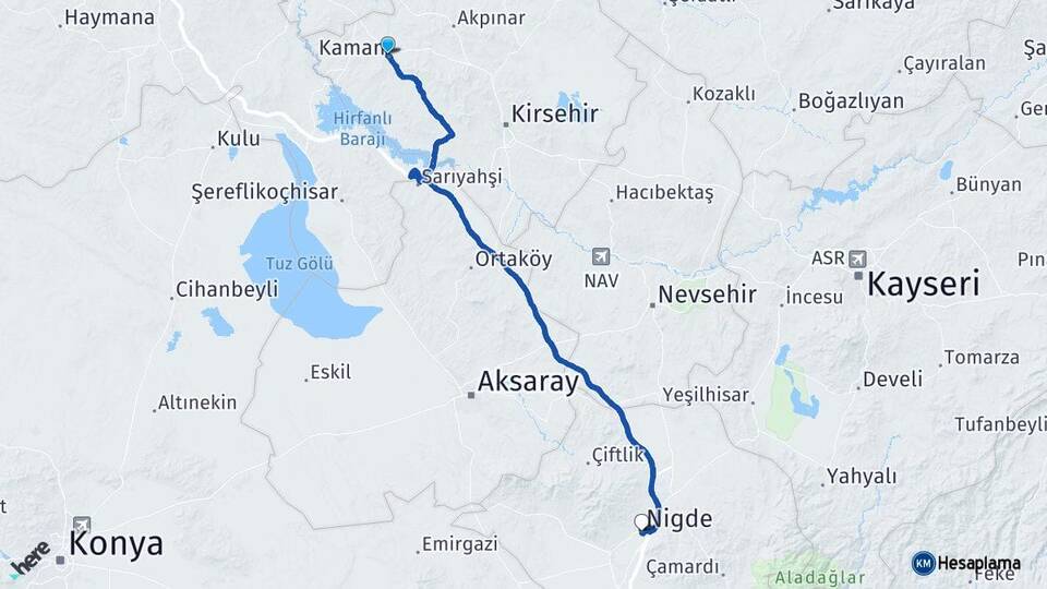 Kırşehir Kaman Niğde Arası Kaç Km - Yol Haritası