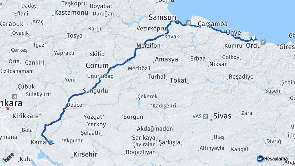 Kırşehir Kaman Ordu Arası Kaç Km - Yol Haritası