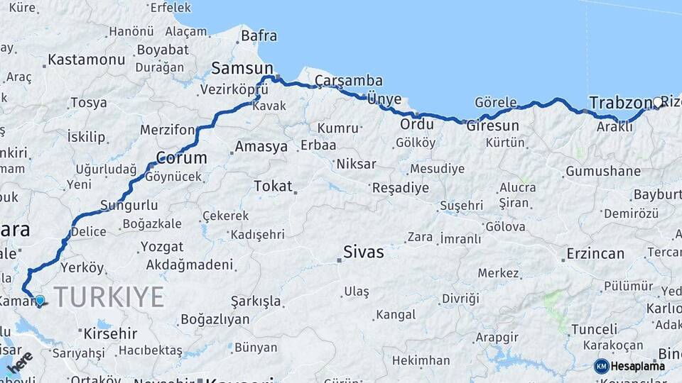 Kırşehir Kaman Rize Arası Kaç Km - Yol Haritası