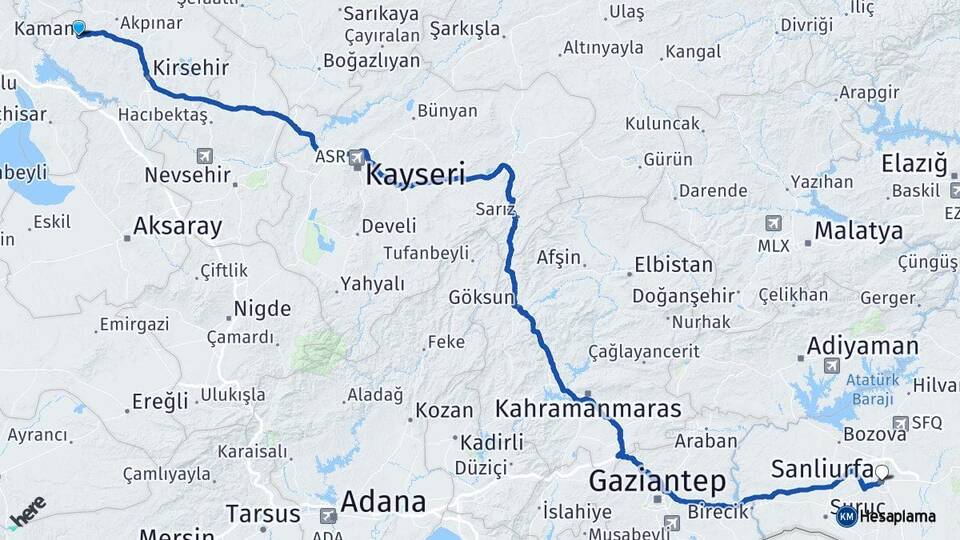 Kırşehir Kaman Şanlıurfa Arası Kaç Km - Yol Haritası