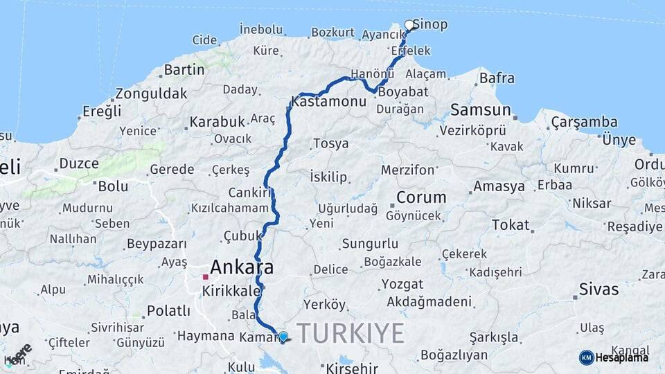 Kırşehir Kaman Sinop Arası Kaç Km - Yol Haritası