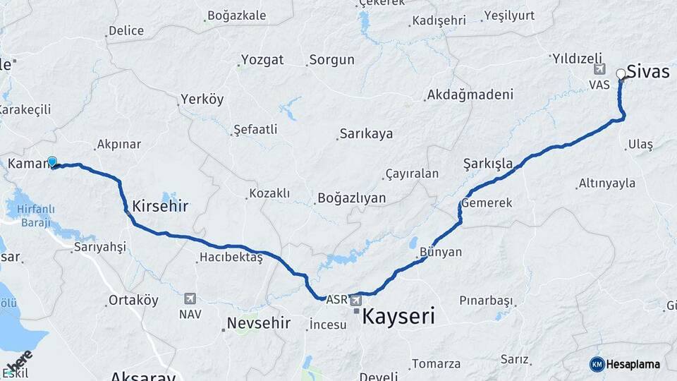 Kırşehir Kaman Sivas Arası Kaç Km - Yol Haritası