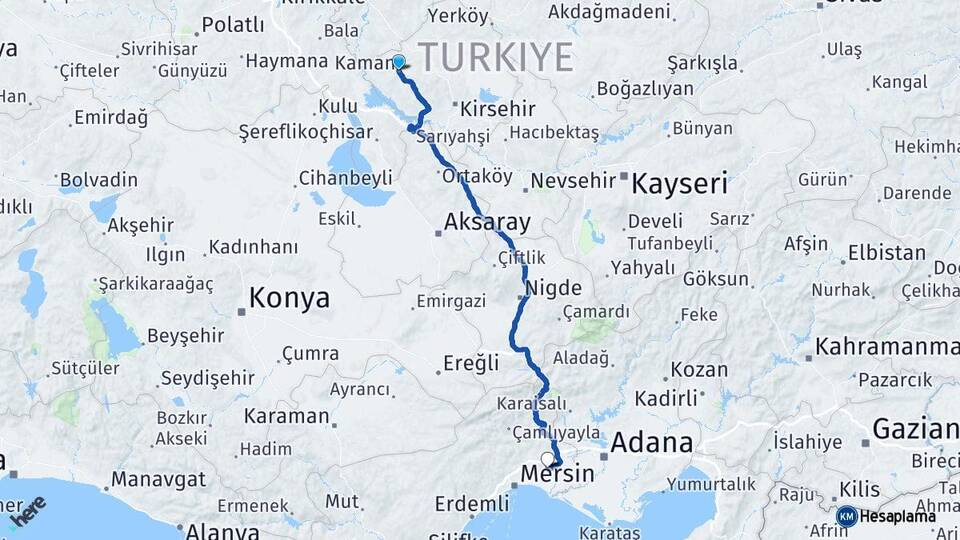 Kırşehir Kaman Tarsus Mersin Arası Kaç Km - Yol Haritası