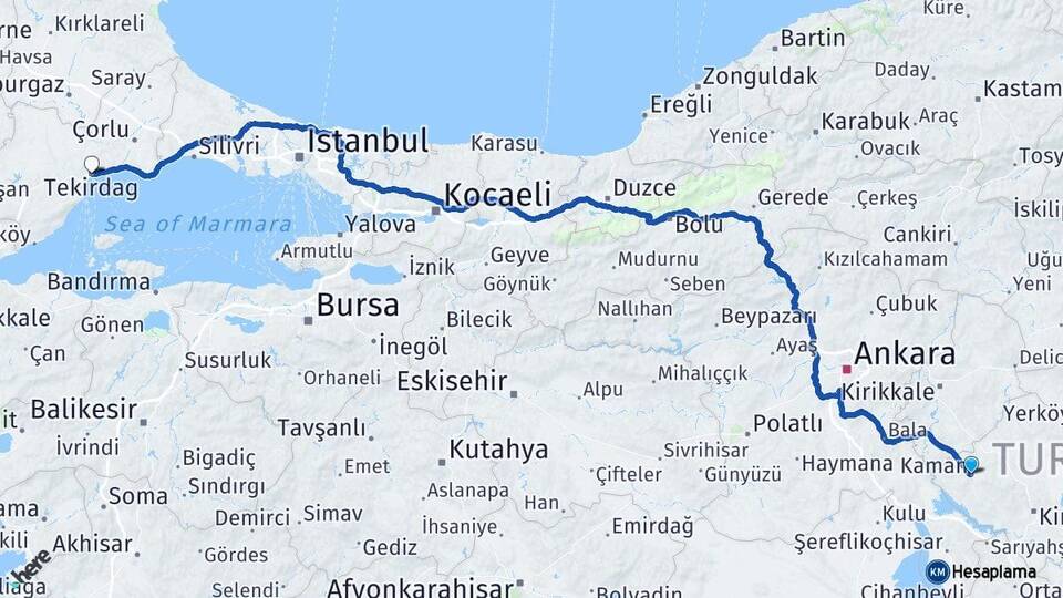 Kırşehir Kaman Tekirdağ Arası Kaç Km - Yol Haritası