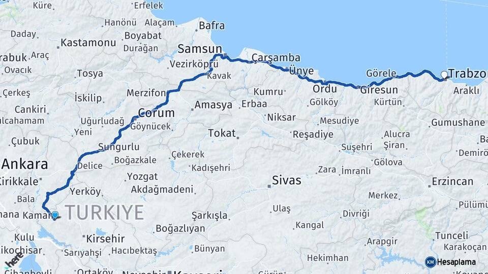 Kırşehir Kaman Trabzon Arası Kaç Km - Yol Haritası