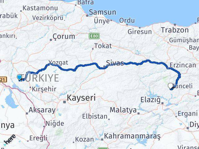 Kırşehir Kaman Tunceli Arası Kaç Km - Yol Haritası