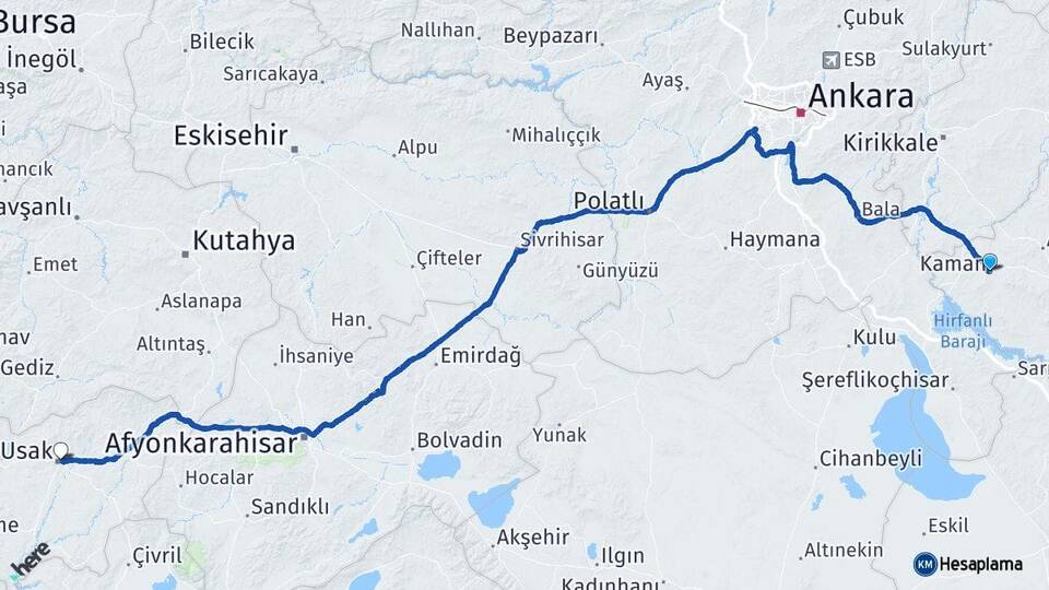 Kırşehir Kaman Uşak Arası Kaç Km - Yol Haritası